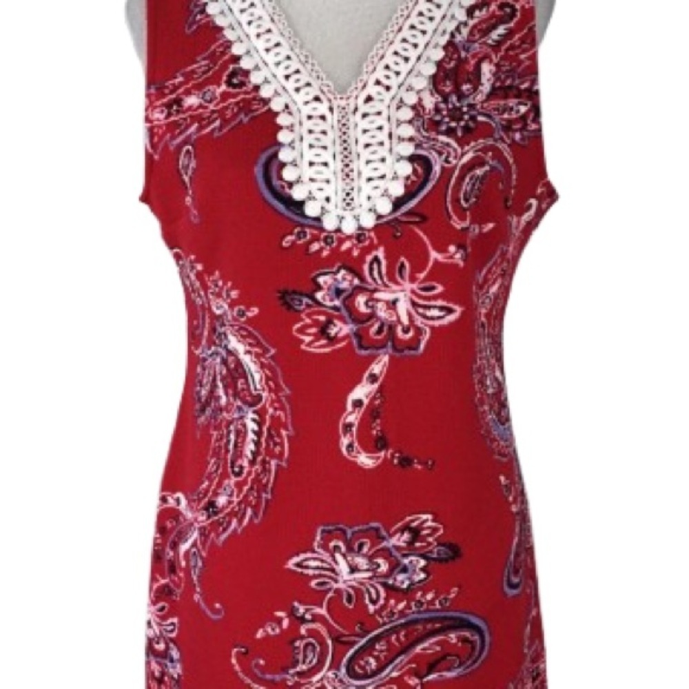 Dana Buchman Red and White embroidered paisley print dress - Picture 2 of 8